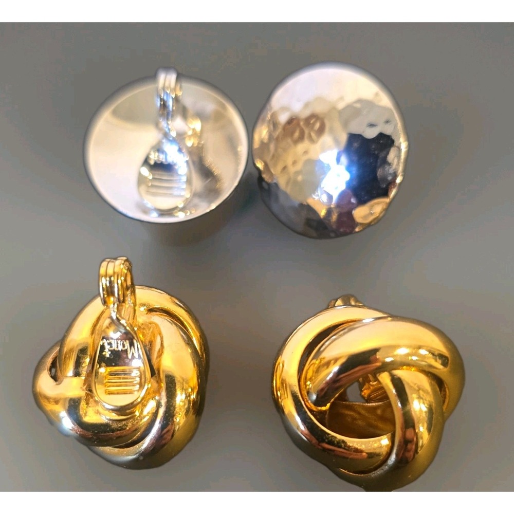 Vintage Monet Clip On Earrings Lot 2 Pair Gold Knot Silver Hammered Dome Signed